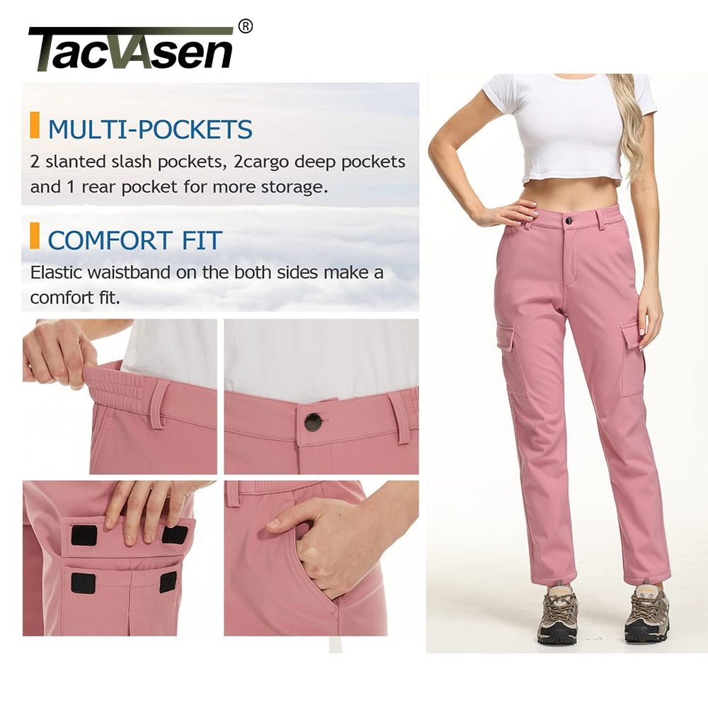 TACVASEN Winter Skiing Hiking Pants Womens Snowboard Cargo Pants Waterproof Windproof Multi-Pockets Fleece Lined Camping Trouser