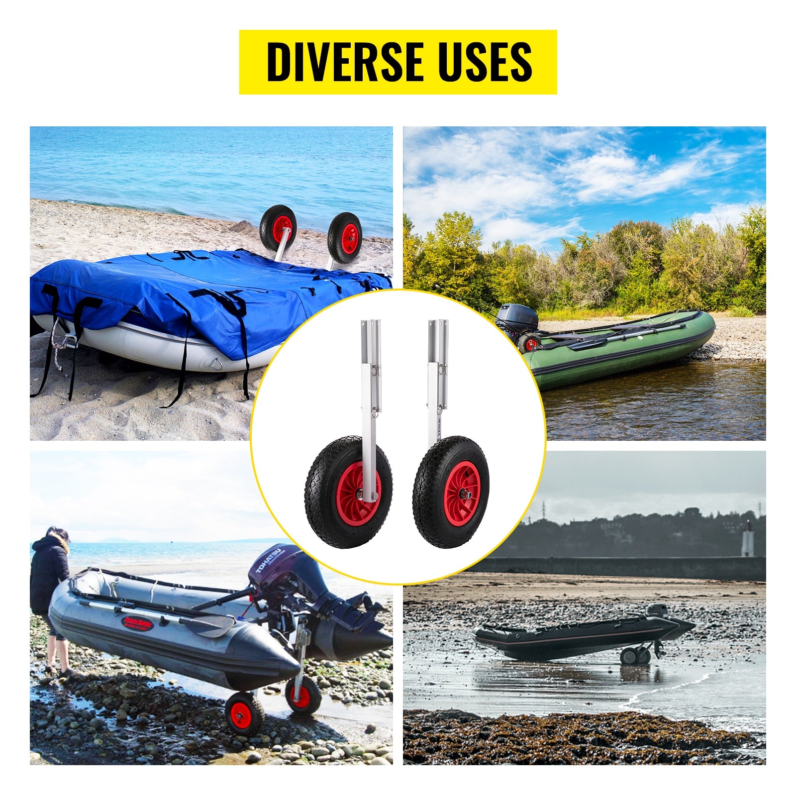 Vevor 2pcs Inflatable Boat Launching Wheel 136 Kg Weight Load Capacity Aluminum Frame 38cm Diameter Rubber Tire Ship Moving Tool - Marine Hardware