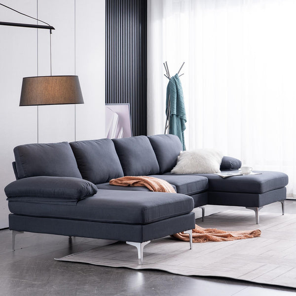 FCH 4 Seat Sectional Sofa U Shape Couch Set with 2 Chaise Modern Metal Leg