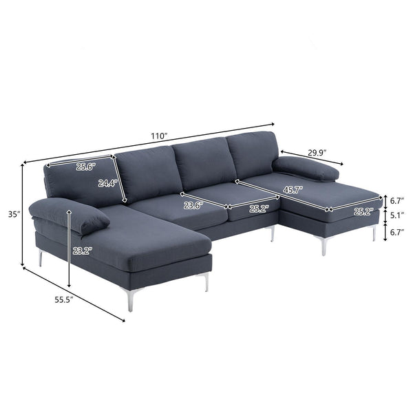 FCH 4 Seat Sectional Sofa U Shape Couch Set with 2 Chaise Modern Metal Leg