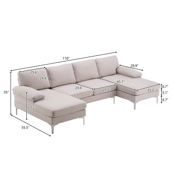 FCH 4 Seat Sectional Sofa U Shape Couch Set with 2 Chaise Modern Metal Leg