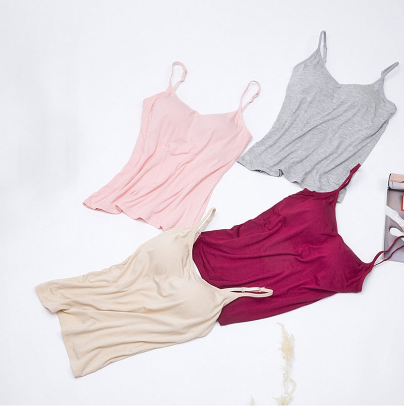 Women Vest Underwear Summer Soft Tank Top Built In Bra Spaghetti Strap Casual Solid Breathable Padded Female Comfort Camisoles
