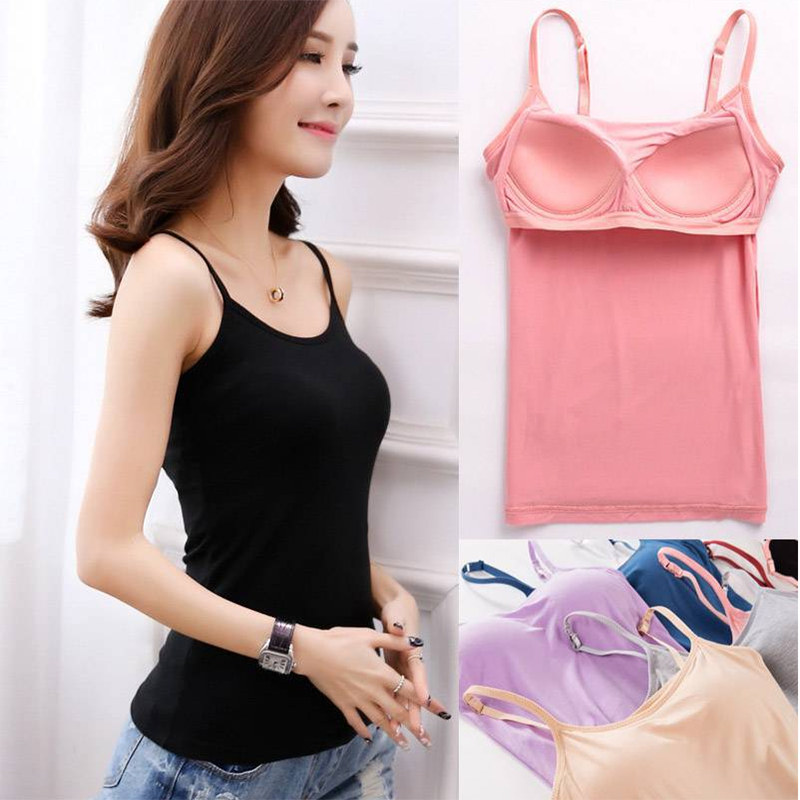 Women Vest Underwear Summer Soft Tank Top Built In Bra Spaghetti Strap Casual Solid Breathable Padded Female Comfort Camisoles