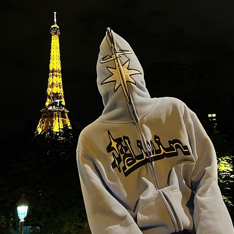 Y2k Embroidered Print Hoodies Men's Fashion Oversized Full Zip Up Hooded Sweatshirt Hip Hop Long Sleeve Jacket Coat Streetwear - Hoodies &amp; Sweatshirts