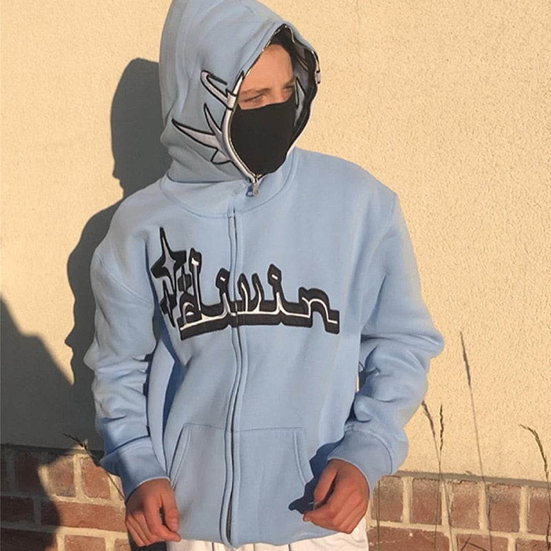 Y2k Embroidered Print Hoodies Men's Fashion Oversized Full Zip Up Hooded Sweatshirt Hip Hop Long Sleeve Jacket Coat Streetwear - Hoodies &amp; Sweatshirts