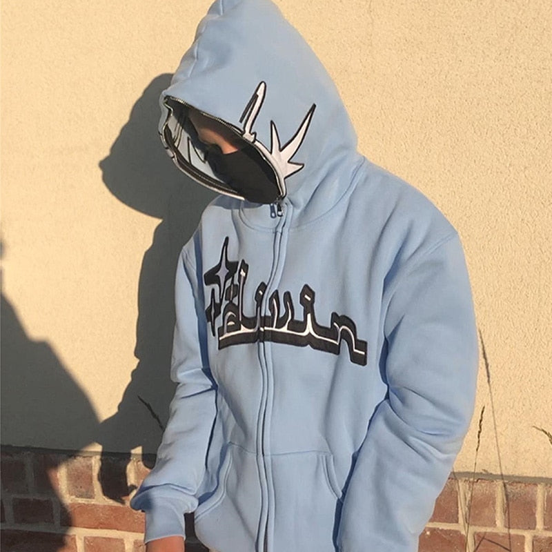 Y2k Embroidered Print Hoodies Men's Fashion Oversized Full Zip Up Hooded Sweatshirt Hip Hop Long Sleeve Jacket Coat Streetwear - Hoodies &amp; Sweatshirts