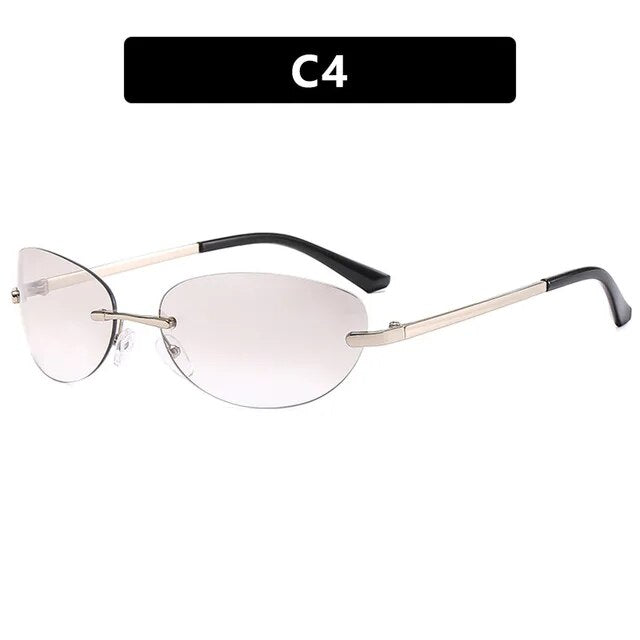 New Women Fashion Oval Rimless Sunglasses 2000'S Brand Designer Sun Glasses Y2k Wrap Around Transparent Eyewear Gradient Shades