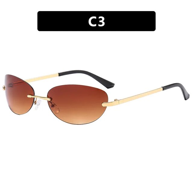 New Women Fashion Oval Rimless Sunglasses 2000'S Brand Designer Sun Glasses Y2k Wrap Around Transparent Eyewear Gradient Shades