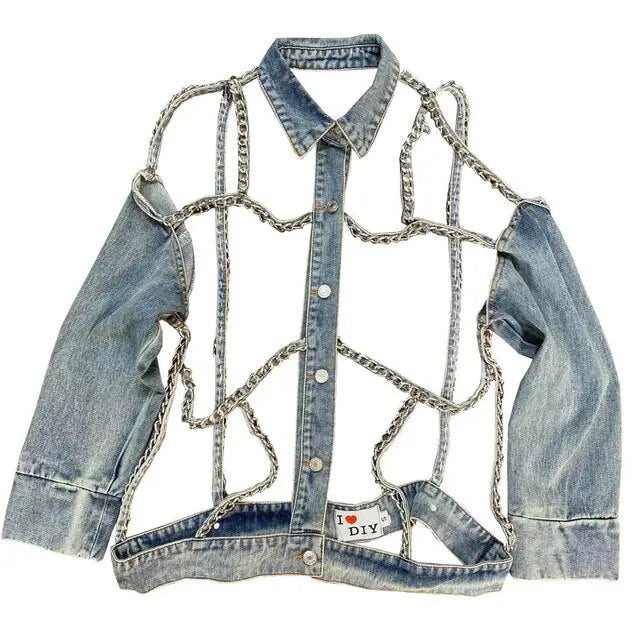 DEAT Women Personalized Fashion Metal Chain Holloe Out Backless Denim Coat New Long Sleeve Fashion Spring Spring 2023 11D691