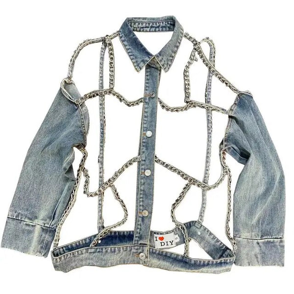 DEAT Women Personalized Fashion Metal Chain Holloe Out Backless Denim Coat New Long Sleeve Fashion Spring Spring 2023 11D691