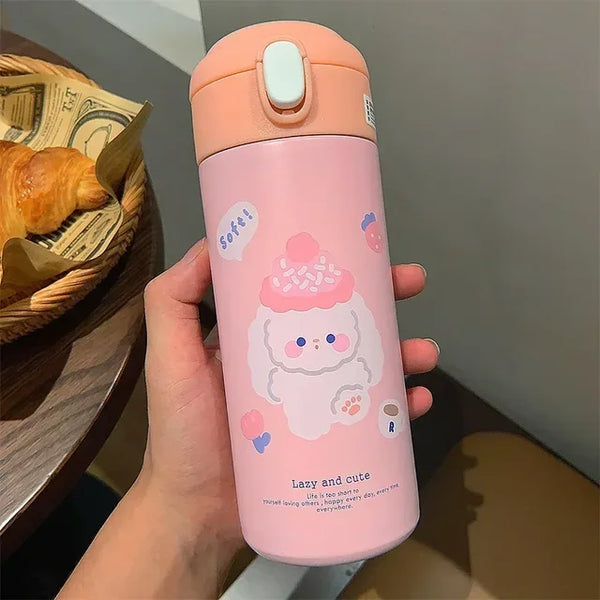 380ML Stainless Steel Thermos Vacuum Flask Cute Cartoon Thermal Water Bottle for Girls Insulated Straw Cups Tumbler Drinkware