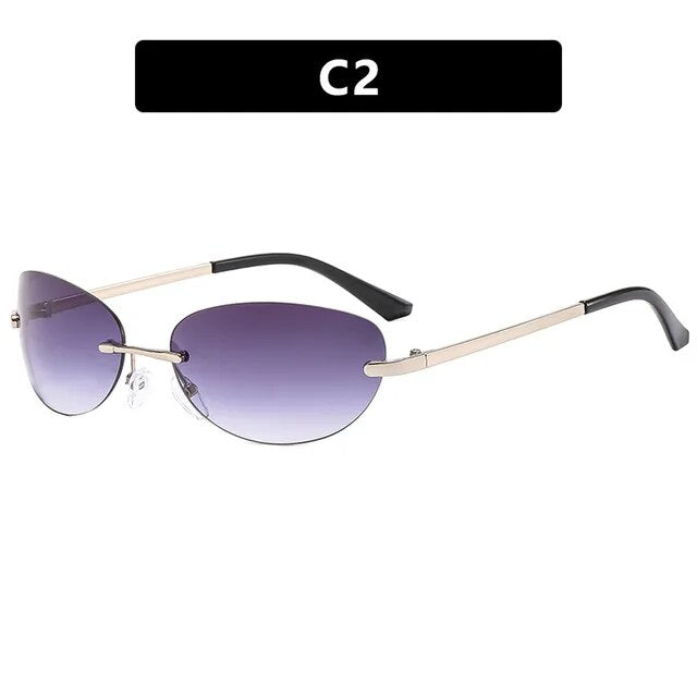 New Women Fashion Oval Rimless Sunglasses 2000'S Brand Designer Sun Glasses Y2k Wrap Around Transparent Eyewear Gradient Shades