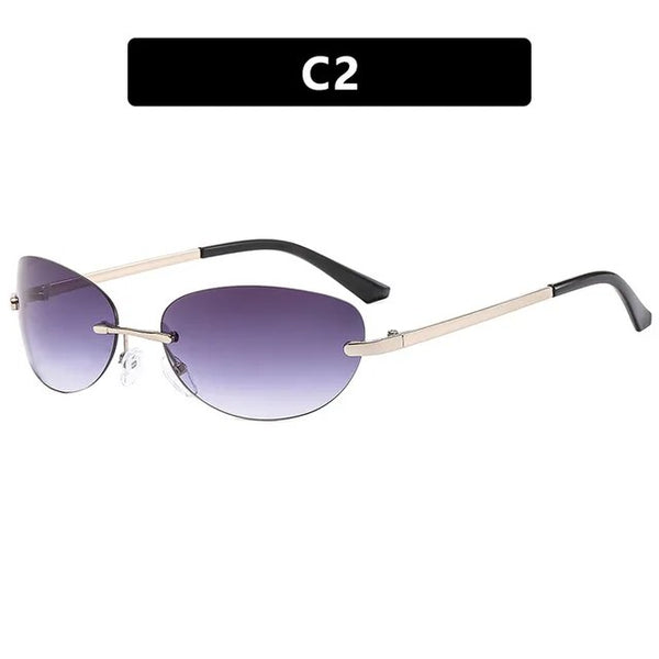 New Women Fashion Oval Rimless Sunglasses 2000'S Brand Designer Sun Glasses Y2k Wrap Around Transparent Eyewear Gradient Shades