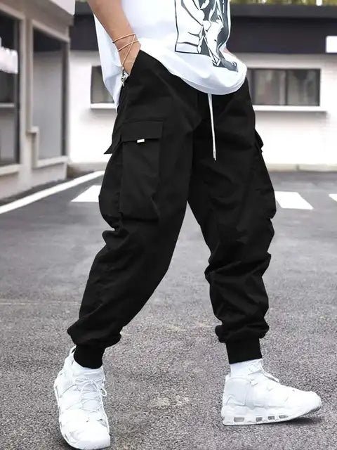 Men Flap Pocket Side Drawstring Waist Cargo Pants