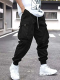 Men Flap Pocket Side Drawstring Waist Cargo Pants