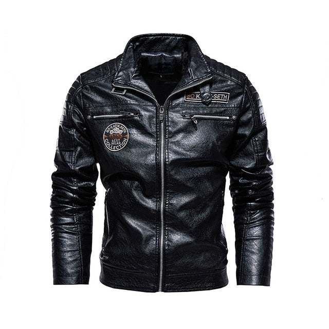 Leather Jacket Men Winter Fleece Motorcycle Pu Leather Jacket Mens Stand Collar Casual Windbreaker Ropa De Hombre Slim Coat 7xl - Faux Leather