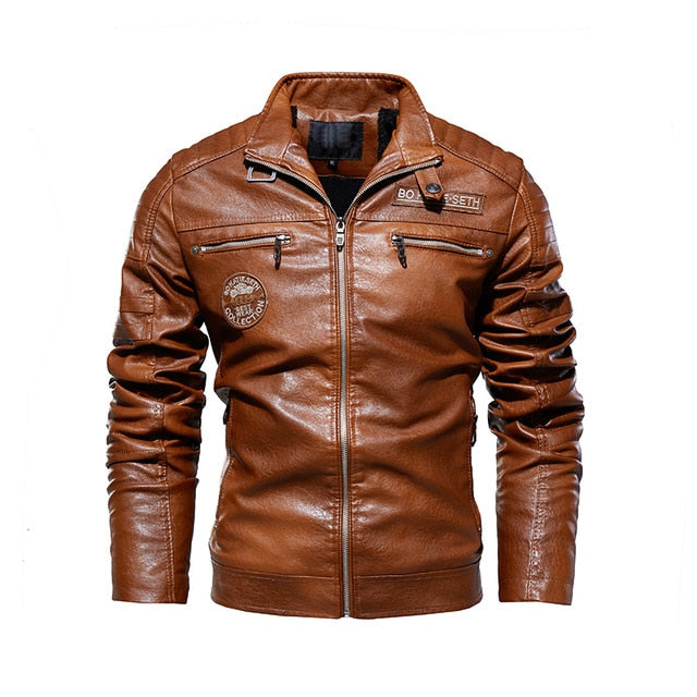 Leather Jacket Men Winter Fleece Motorcycle Pu Leather Jacket Mens Stand Collar Casual Windbreaker Ropa De Hombre Slim Coat 7xl - Faux Leather