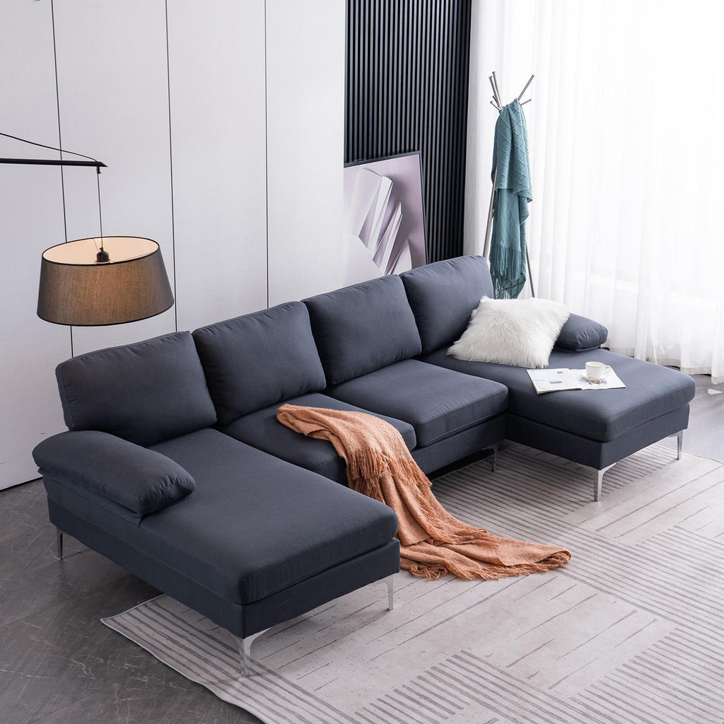 FCH 4 Seat Sectional Sofa U Shape Couch Set with 2 Chaise Modern Metal Leg