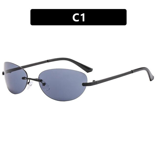 New Women Fashion Oval Rimless Sunglasses 2000'S Brand Designer Sun Glasses Y2k Wrap Around Transparent Eyewear Gradient Shades