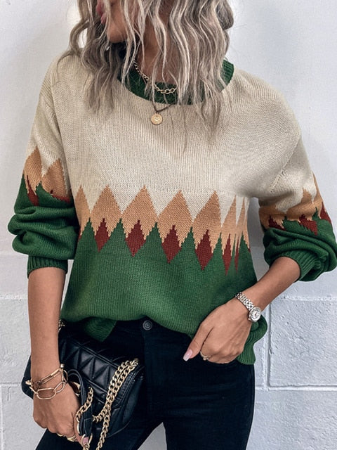 Charmingtrend Winter Women Sweaters Casual Loose O neck Pullover Retro lattice Sweater Oversized Thicken Knitwear Top| |