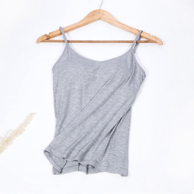 Women Vest Underwear Summer Soft Tank Top Built In Bra Spaghetti Strap Casual Solid Breathable Padded Female Comfort Camisoles