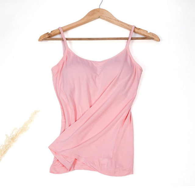 Women Vest Underwear Summer Soft Tank Top Built In Bra Spaghetti Strap Casual Solid Breathable Padded Female Comfort Camisoles