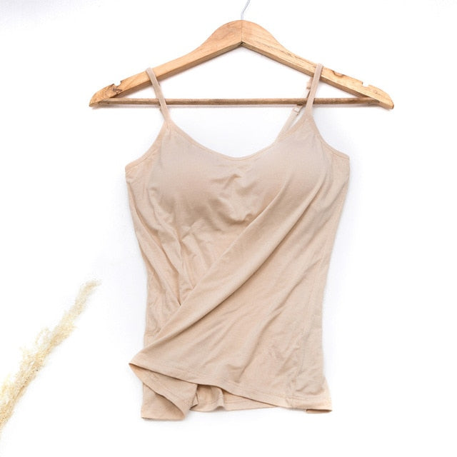 Women Vest Underwear Summer Soft Tank Top Built In Bra Spaghetti Strap Casual Solid Breathable Padded Female Comfort Camisoles